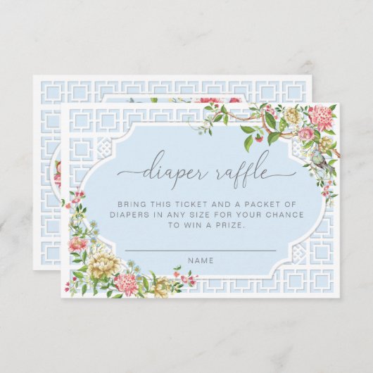 Blue Chinoiserie Diaper Raffle Ticket - Tranon Informatiekaartje (Voorkant / Achterkant)
