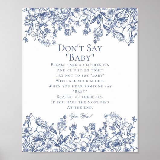 Blue Chinoiserie Dont Say Baby Shower Game Poster (Voorkant)