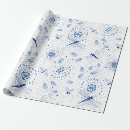 Blue Chinoiserie Dragonfly Floral Cadeaupapier (Uitgerold)