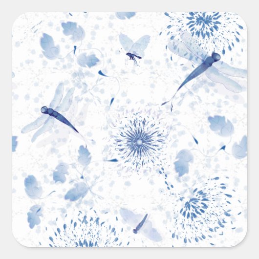 Blue Chinoiserie Dragonfly Floral Vierkante Sticker (Voorkant)