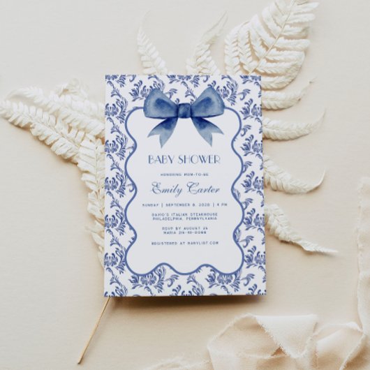  Blue Chinoiserie Elegant Bow Baby shower Kaart