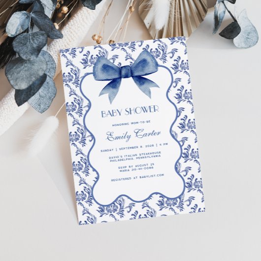  Blue Chinoiserie Elegant Bow Baby shower Kaart