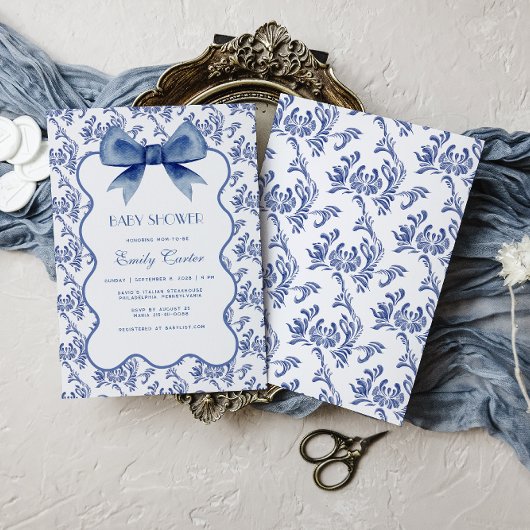  Blue Chinoiserie Elegant Bow Baby shower Kaart