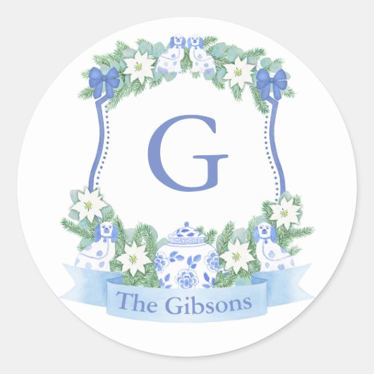 Blue Chinoiserie Feestdagen Crest Envelope Seal Ronde Sticker (Voorkant)