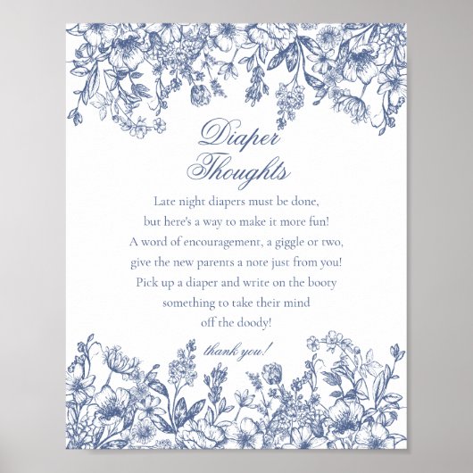 Blue Chinoiserie Flora Diaper Thoughts Baby Shower Poster (Voorkant)