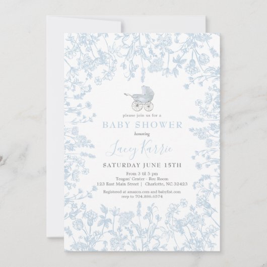 Blue Chinoiserie floral baby shower Invitation Kaart (Voorkant)