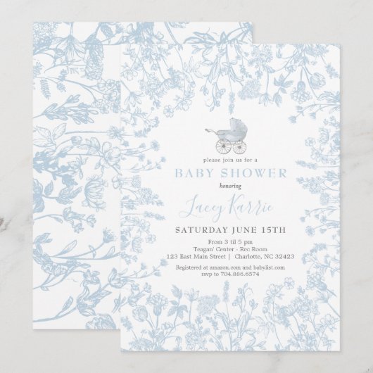 Blue Chinoiserie floral baby shower Invitation Kaart (Voorkant / Achterkant)