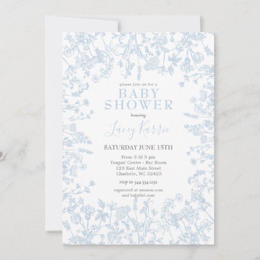Blue Chinoiserie Floral Baby shower Invitation, Kaart (Voorkant)