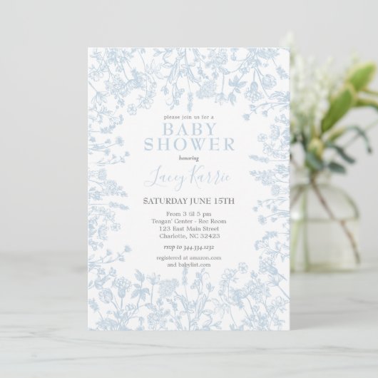 Blue Chinoiserie Floral Baby shower Invitation, Kaart (Staand voorkant)
