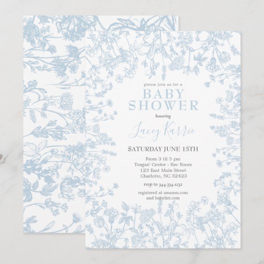 Blue Chinoiserie Floral Baby shower Invitation, Kaart (Voorkant / Achterkant)