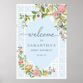 Blue Chinoiserie Floral Baby shower Welcome Sign Poster