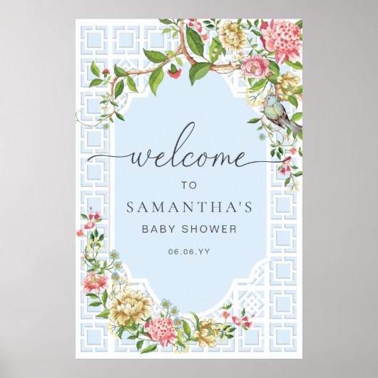 Blue Chinoiserie Floral Baby shower Welcome Sign Poster (Voorkant)