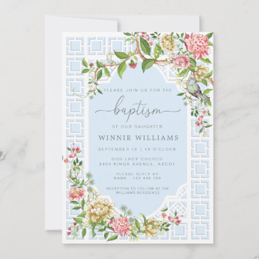 Blue Chinoiserie Floral Baptism Invitation Trianon Kaart (Voorkant)