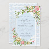 Blue Chinoiserie Floral Baptism Invitation Trianon Kaart (Voorkant / Achterkant)