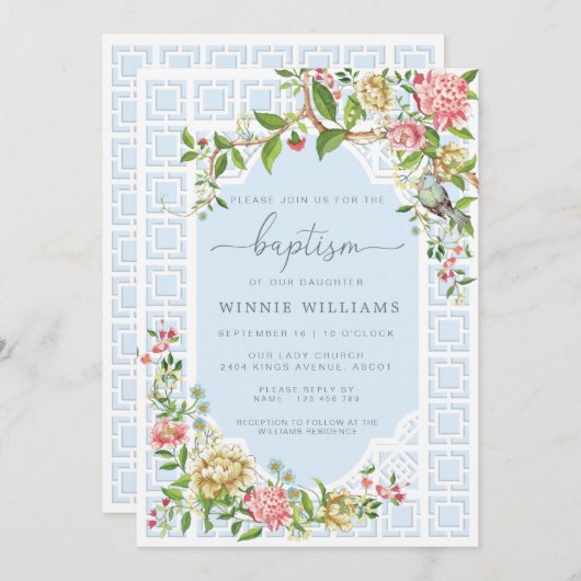 Blue Chinoiserie Floral Baptism Invitation Trianon Kaart (Voorkant / Achterkant)