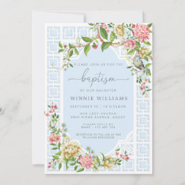 Blue Chinoiserie Floral Baptism Invitation Trianon Kaart