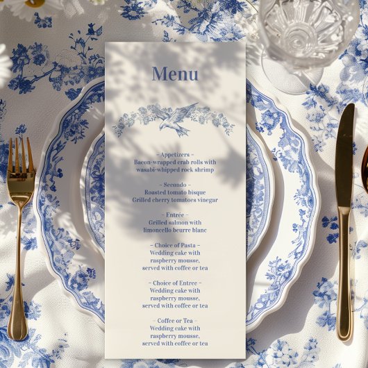 Blue Chinoiserie Floral Botanical Wedding Menu