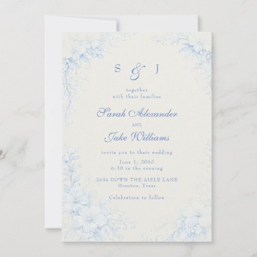 Blue Chinoiserie Floral Cream Wedding Kaart (Voorkant)