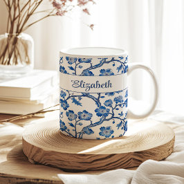 Blue Chinoiserie Floral Custom Name Koffiemok