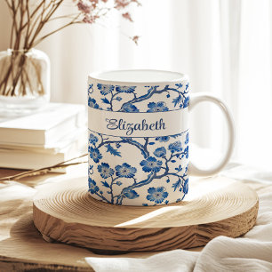 Blue Chinoiserie Floral Custom Name Koffiemok