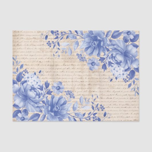 Blue Chinoiserie Floral Old Handwriting Decoupage Tissuepapier (Voorkant)