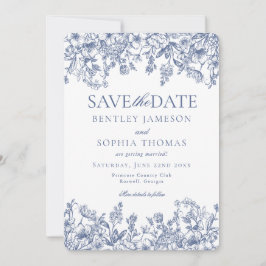 Blue Chinoiserie Floral Save the Date Kaart