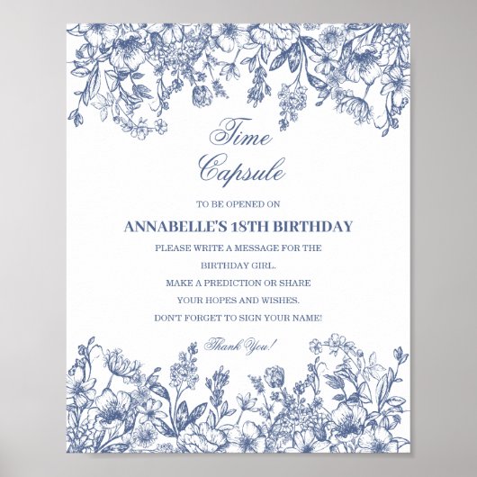 Blue Chinoiserie Floral Time Capsule Baby Birthday Poster (Voorkant)