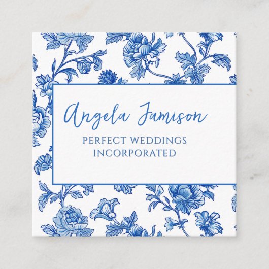 Blue Chinoiserie Floral Vierkante Visitekaartje (Voorkant)
