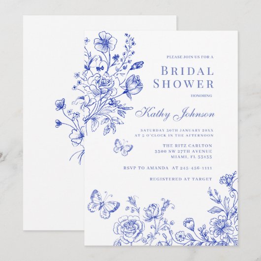 Blue Chinoiserie Floral Vrijgezellenfeest Kaart (Voorkant / Achterkant)