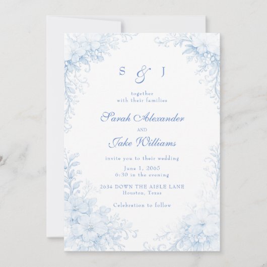 Blue Chinoiserie Floral Wedding Kaart (Voorkant)