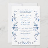 Blue Chinoiserie Franse  Victoriaans bruiloft Kaart (Voorkant)