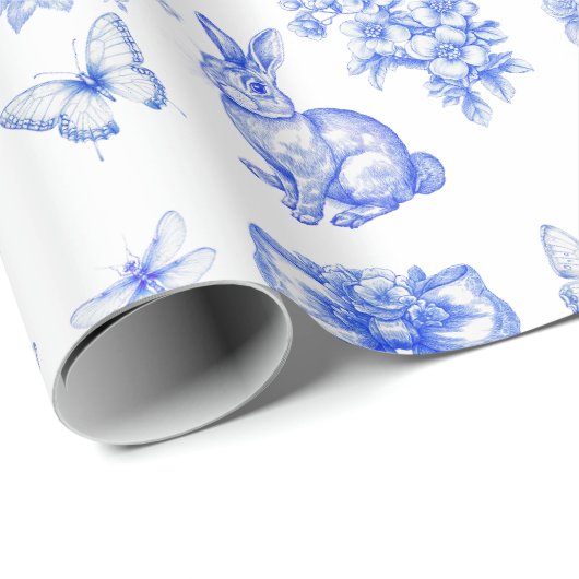 Blue Chinoiserie Garden Rabbit Cadeaupapier (Rol Hoek)