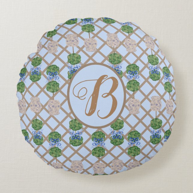 Blue Chinoiserie Ginger Jar Jars Topiary basket Ro Rond Kussen (Voorkant)