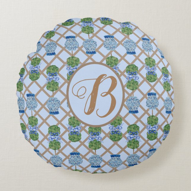 Blue Chinoiserie Ginger Jar Jars Topiary mand Rond Kussen (Voorkant)