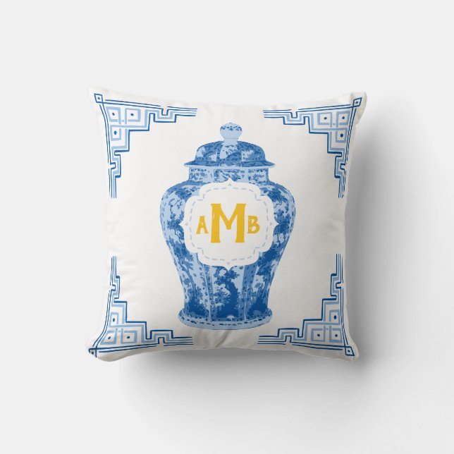 Blue Chinoiserie Ginger Jar Monogram Kussen (Voorkant)