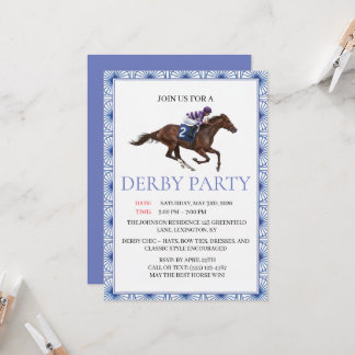 Blue Chinoiserie Horse Race Derby Party Invite Kaart
