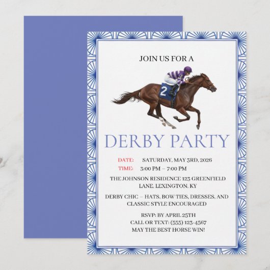 Blue Chinoiserie Horse Race Derby Party Invite Kaart (Voorkant / Achterkant)