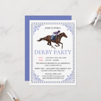 Blue Chinoiserie Horse Race Derby Party Invite Kaart