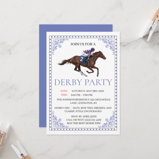 Blue Chinoiserie Horse Race Derby Party Invite Kaart (Voorkant / Achterkant in situ)