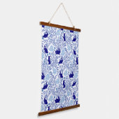 Blue Chinoiserie Konijn- Konijn & Bloemkunst Hangend Wandkleed (Gebogen)
