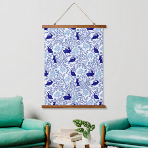 Blue Chinoiserie Konijn- Konijn & Bloemkunst Hangend Wandkleed