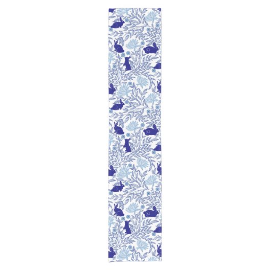Blue Chinoiserie Konijn- Konijn & Bloemkunst Korte Tafelloper (Voorkant)