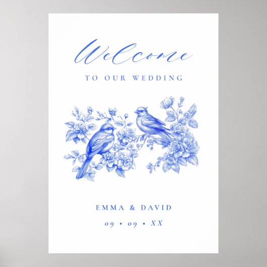 Blue Chinoiserie Love Birds Wedding Welcome Poster (Voorkant)