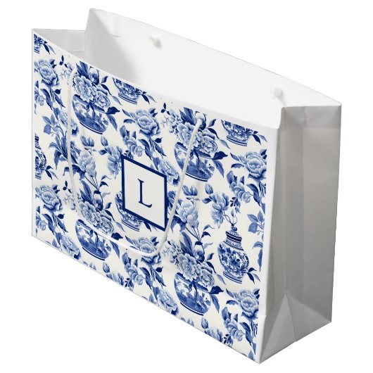 Blue Chinoiserie Monogram  Groot Cadeauzakje (Voorkant Gekanteld)