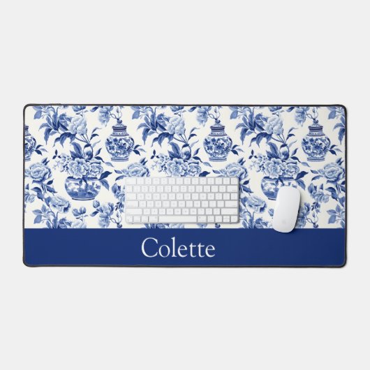 Blue Chinoiserie Monogram Name Bureaumat (Keyboard & Muis)