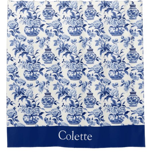 Blue Chinoiserie Monogram Name Shower Curtain Douchegordijn (Voorkant)