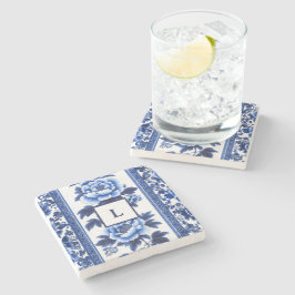Blue Chinoiserie Monogram Stenen Onderzetter