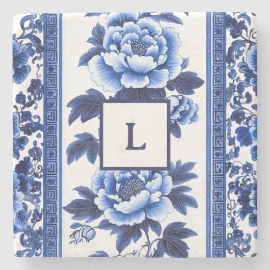 Blue Chinoiserie Monogram  Stenen Onderzetter (Voorkant)