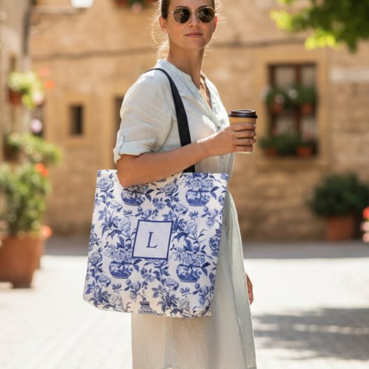 Blue Chinoiserie Monogram Tote Bag