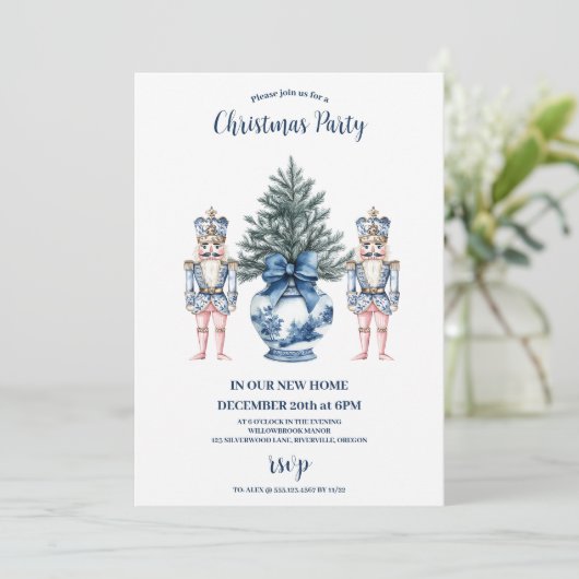Blue Chinoiserie Nutcracker Christmas Kaart (Staand voorkant)